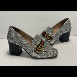 Gucci Glitter Peyton Loafer Pump In Grey Silver Shoes Sz 35